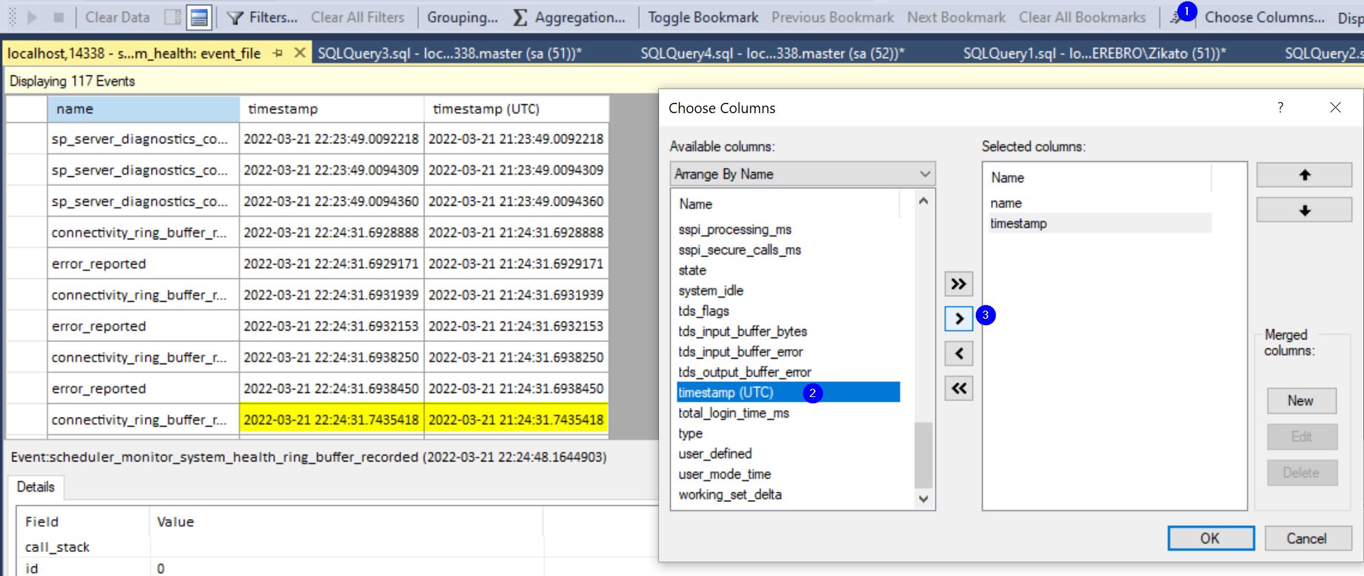 Event file view in SSMS showing the local time