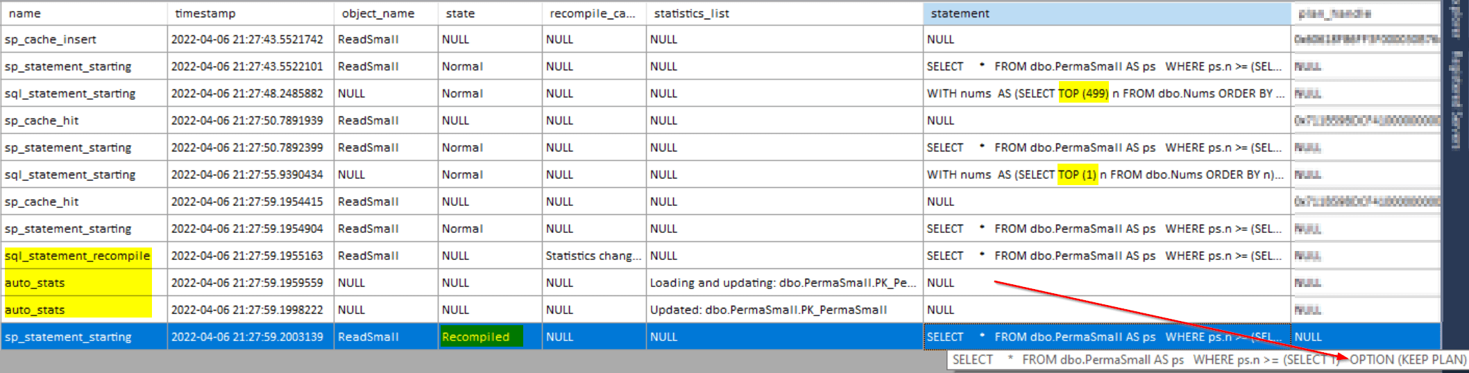 XE output showing the recompilation of PermaSmall with Keep Plan hint