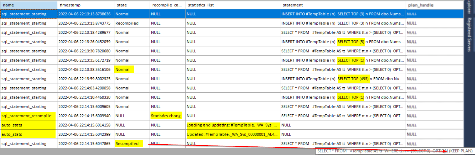 XE showing recompile on Temp table with the Keep Plan hint