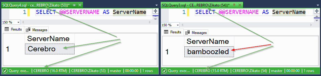 SSMS showing same information in the tab and status bar for both windows, but two different server names