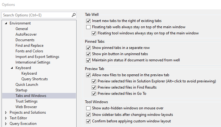 Tabs and windows setting