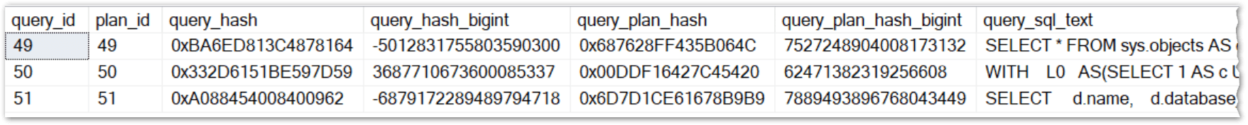 Query Store info with both binary and bigint hashes