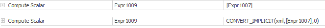Execution plan properties showing CONVERT_IMPLICIT(xml,[Expr1007],0) - the implicit cast that TYPE eliminates