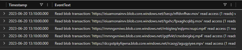 5 sample rows from StorageArchiveLogs showing Timestamp and free-text EventText