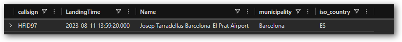 HFID97 landing result showing Barcelona-El Prat Airport