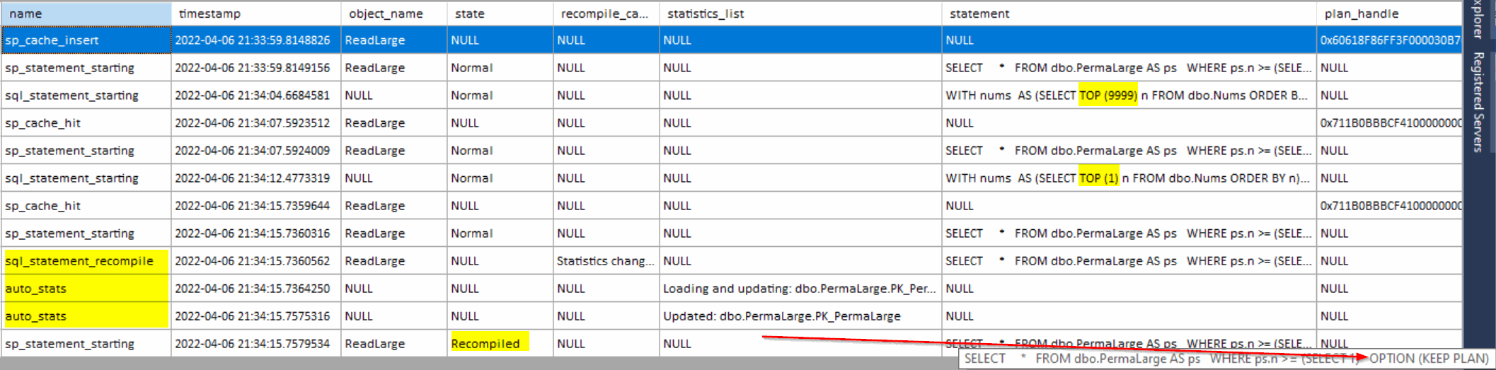 XE output showing the recompilation of PermaLarge with Keep Plan hint
