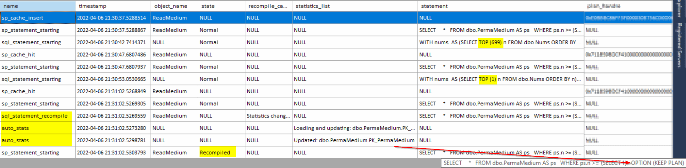 XE output showing the recompilation of PermaMedium with Keep Plan hint