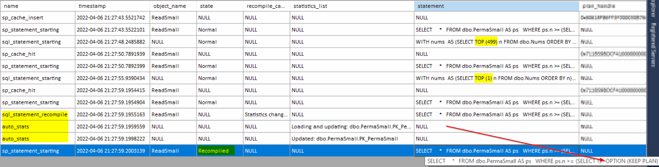 XE output showing the recompilation of PermaSmall with Keep Plan hint