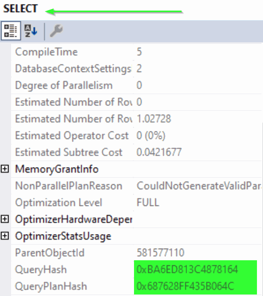 Plan properties showing the Hashes