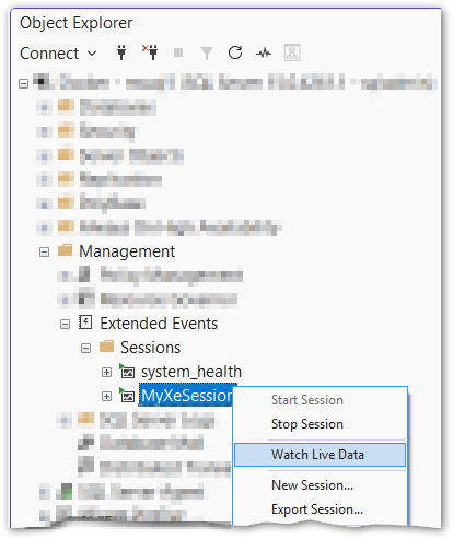 SSMS Object Explorer context menu showing Watch Live Data option